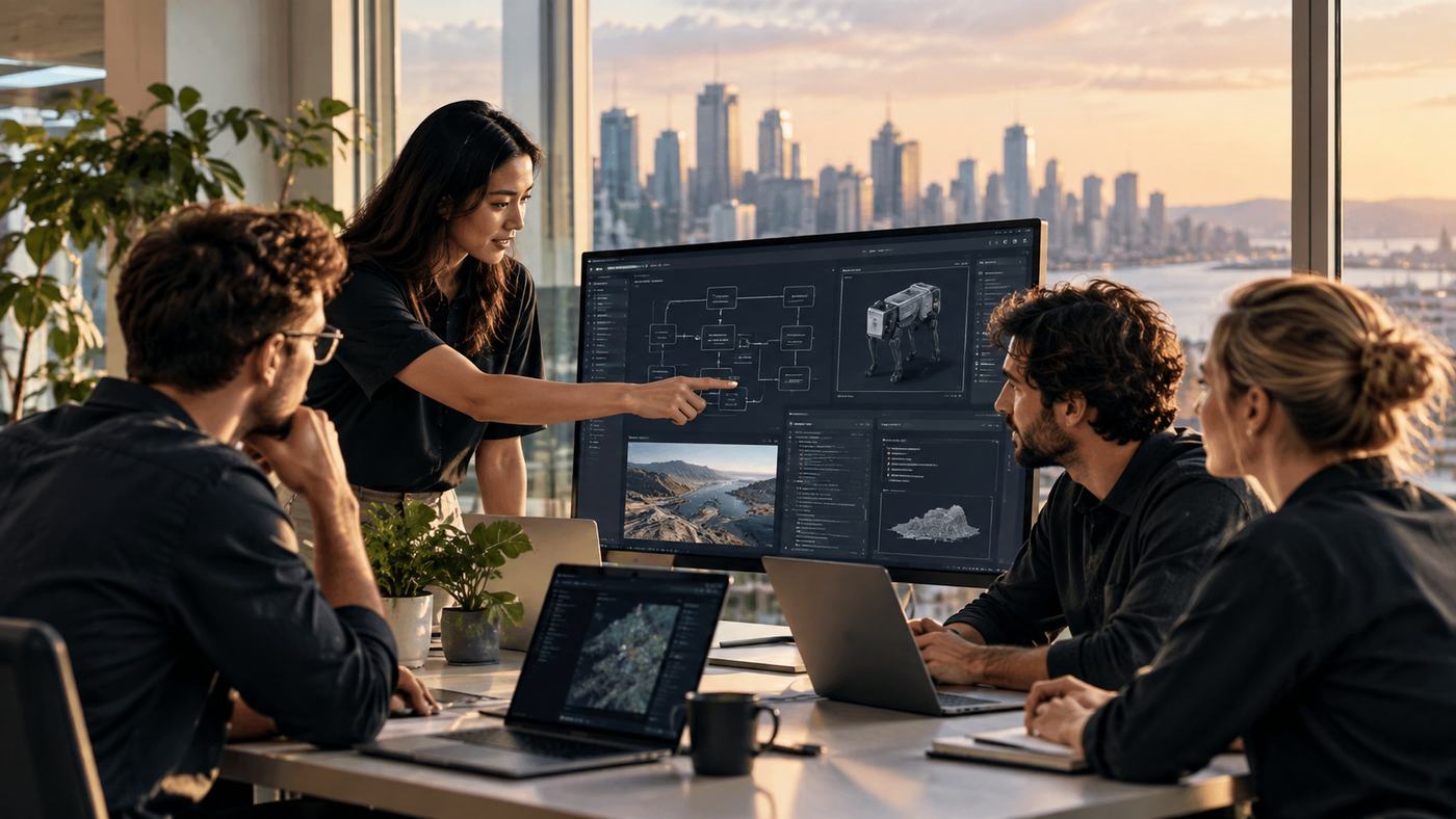 A DELV team reviewing designs together on large screens