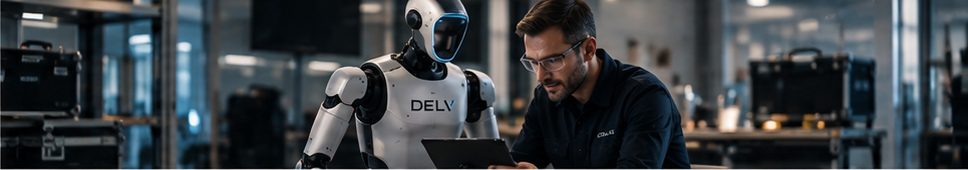 Engineer working alongside a DELV humanoid robot