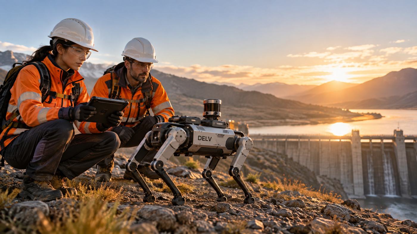 Two field engineers with a tablet working alongside a quadruped robot